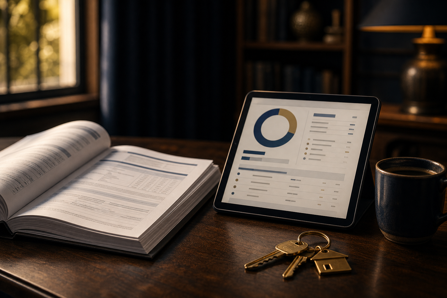 An open HOA resale disclosure packet beside a tablet showing a clean report dashboard with a score gauge, house keys, and a coffee cup on a wood desk.